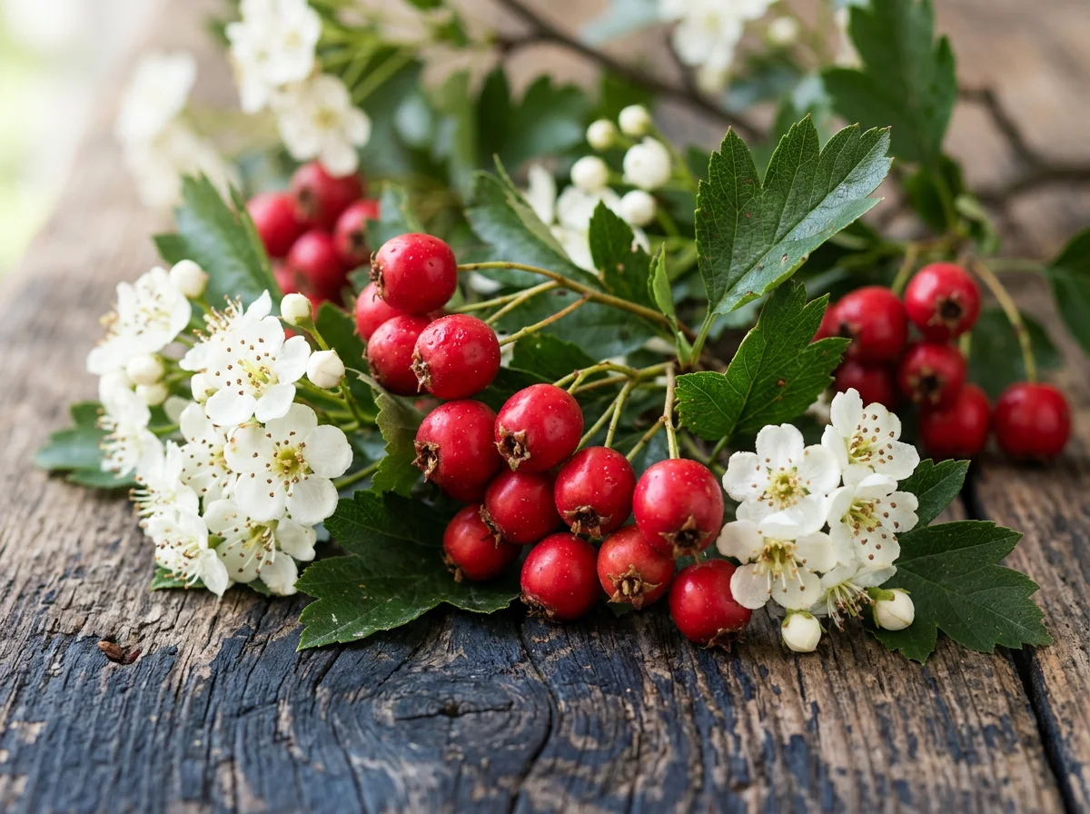 Fresh hawthorn berries and flowers - key ingredient in CardioX hawthorn extract supplement