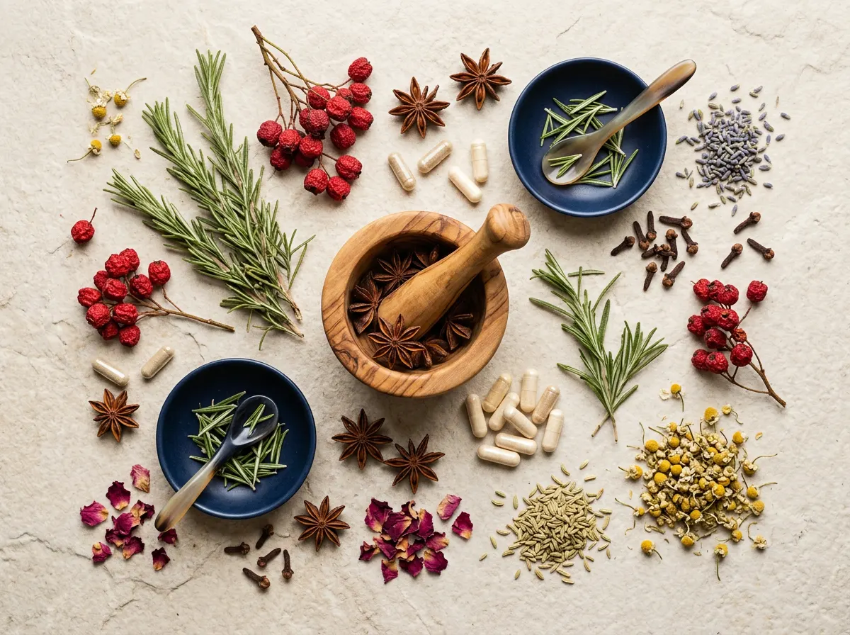 Plant-based heart supplement ingredients - dried herbs, berries, and capsules